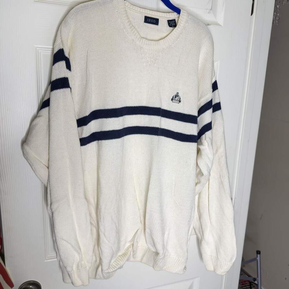 IZOD Crewneck Sweater Size XL White Navy Striped Cotton